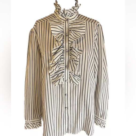 Vintage Striped Ruffle Blouse Striped Shirt 1970s Pinup Retro Lady Shapely 42 - Picture 1 of 5